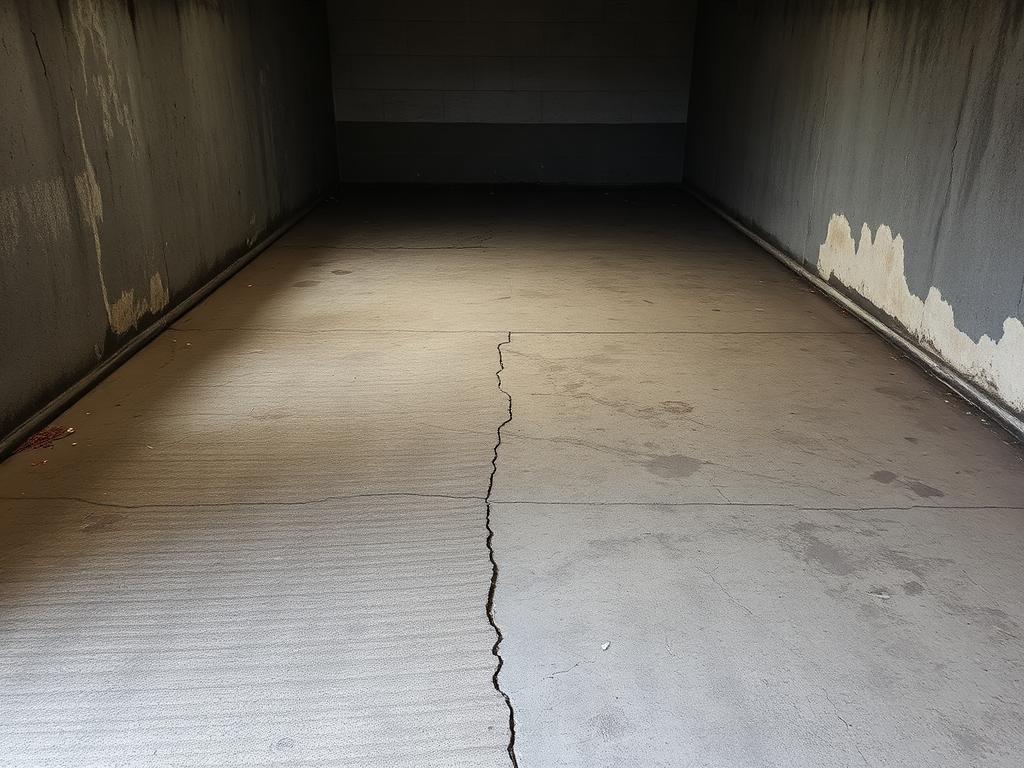 Sol de garage en béton brut fissuré avant application d'une résine époxy