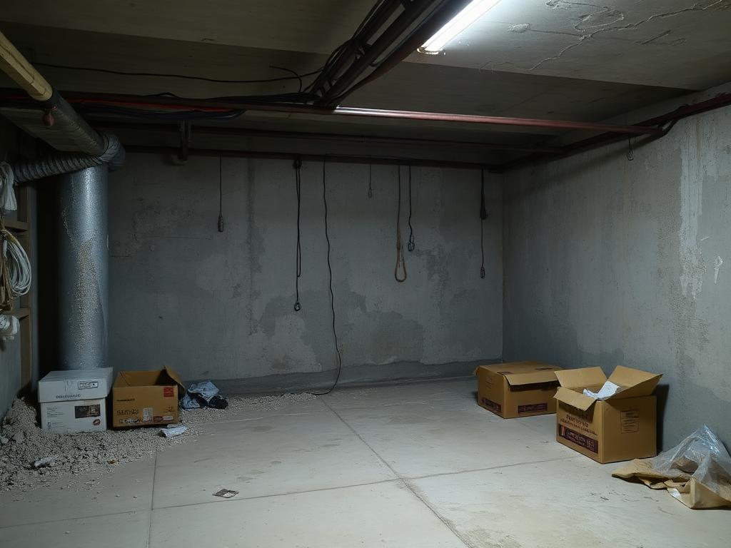 Sous-sol en béton taché et poussiéreux avant rénovation