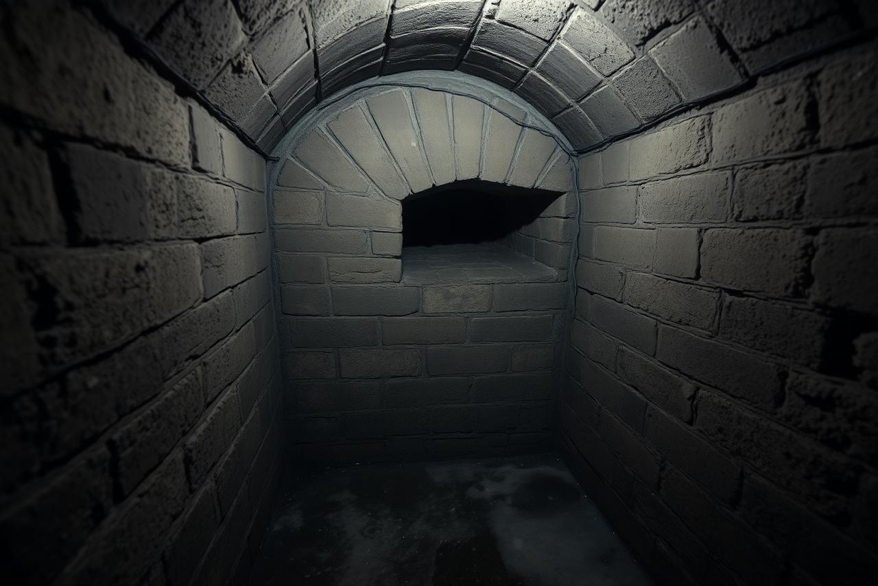 Cave voûtée en pierre présentant des signes d'humidité