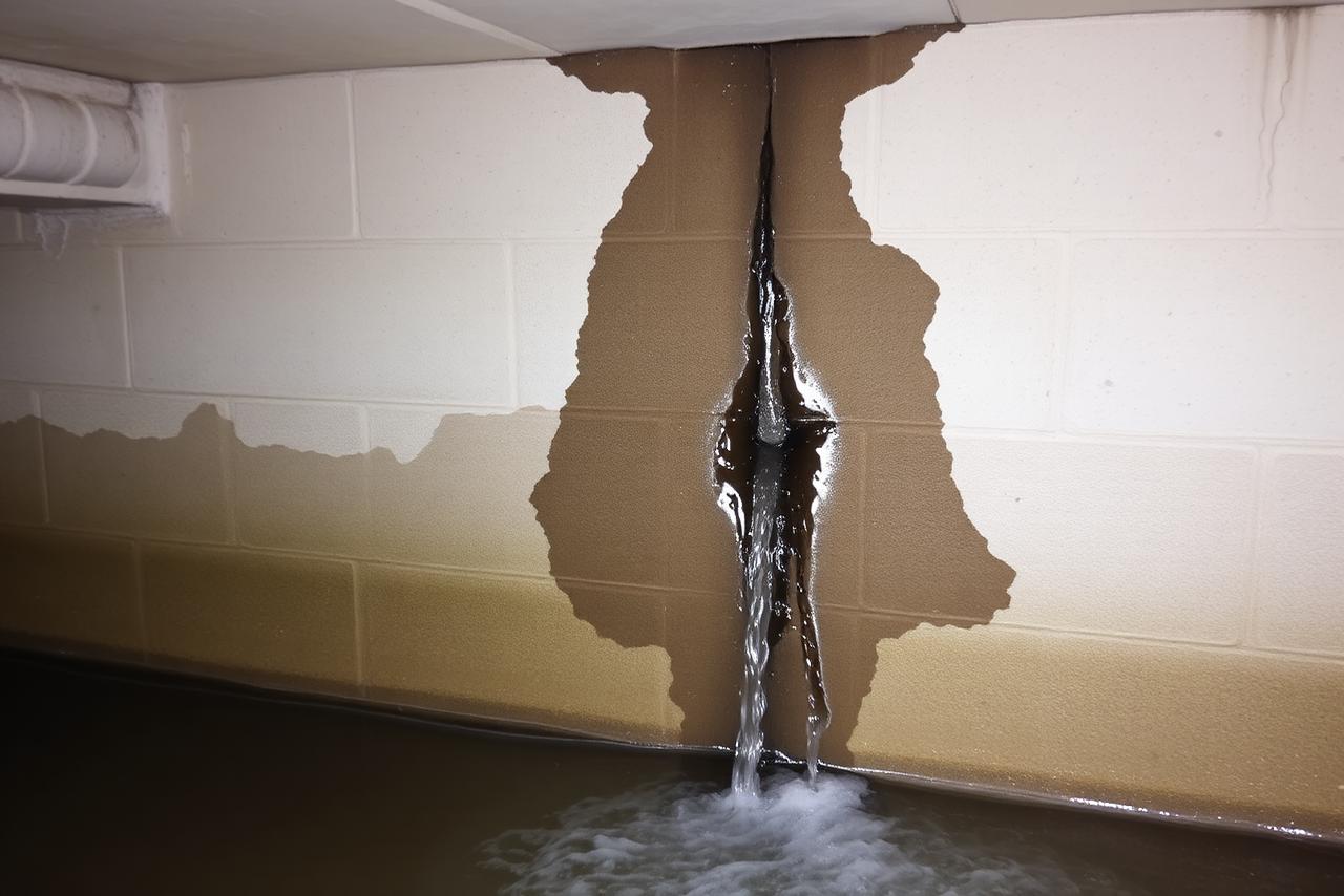 Infiltration d'eau visible sur un mur de sous-sol