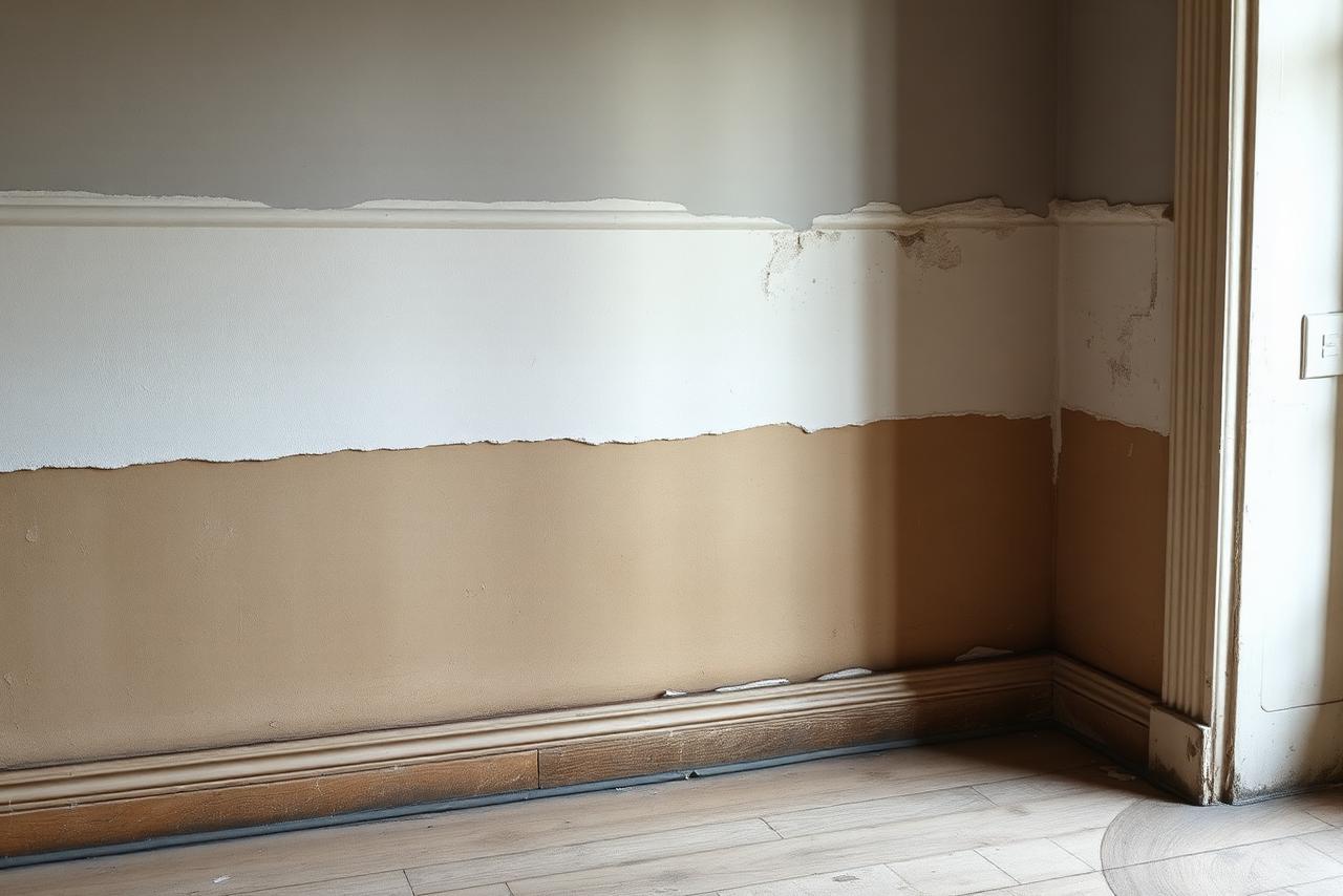 Bas de mur dégradé par une remontée capillaire dans un logement ancien