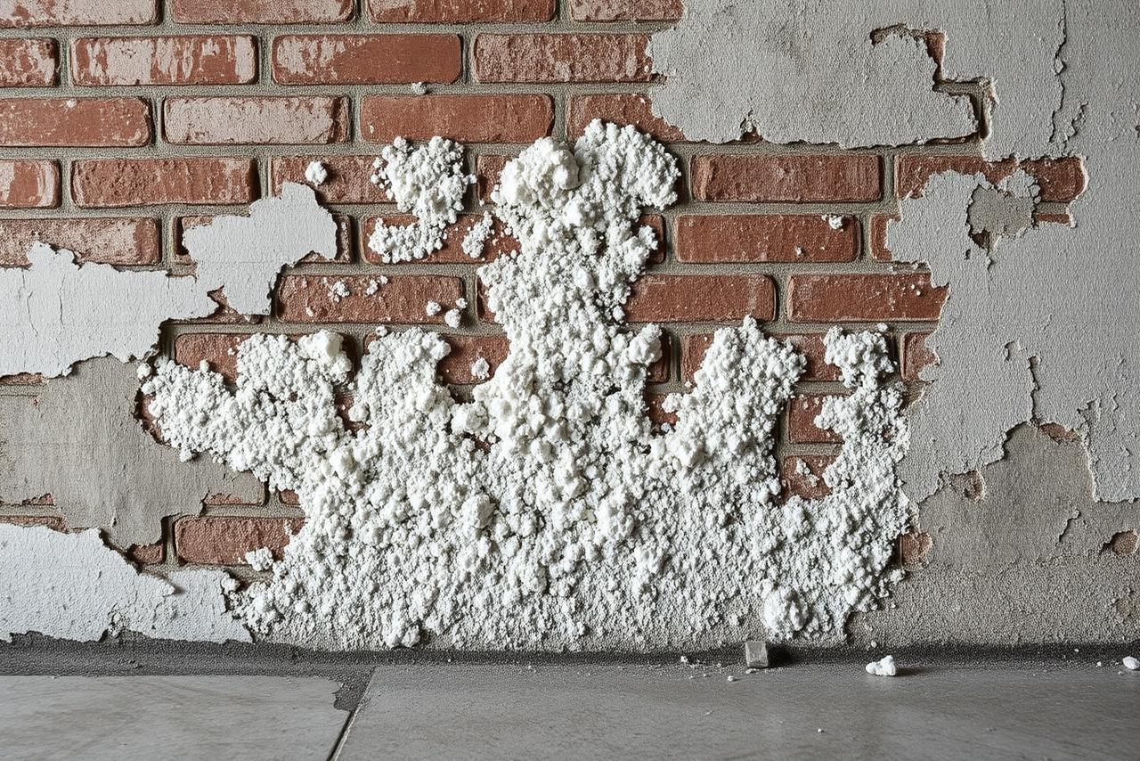Dépôt blanc de salpêtre sur un mur de brique humide